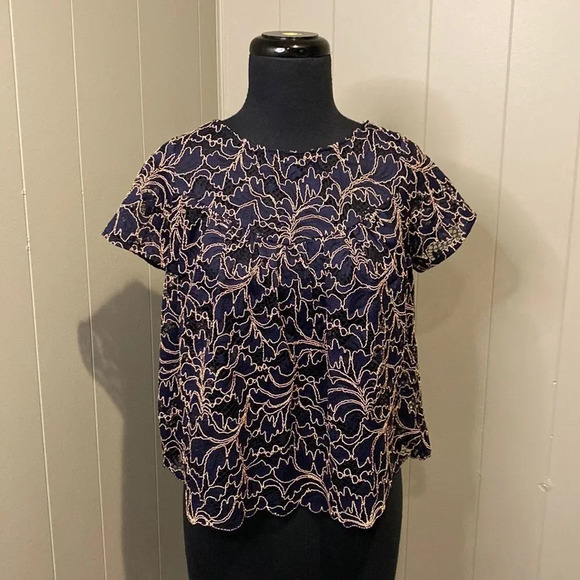 Zara Extra Small Navy Blue Lace Short Sleeve Blouse Top Shirt Cropped - Picture 1 of 6